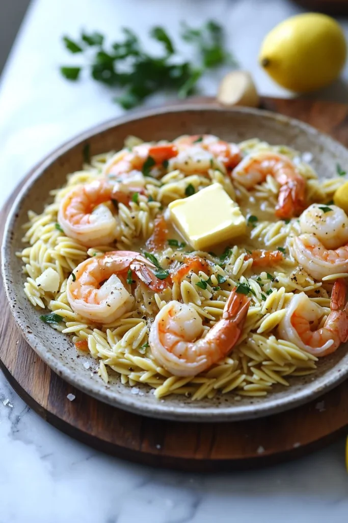 Delicious one-pot garlic butter shrimp with orzo, served in a skillet.