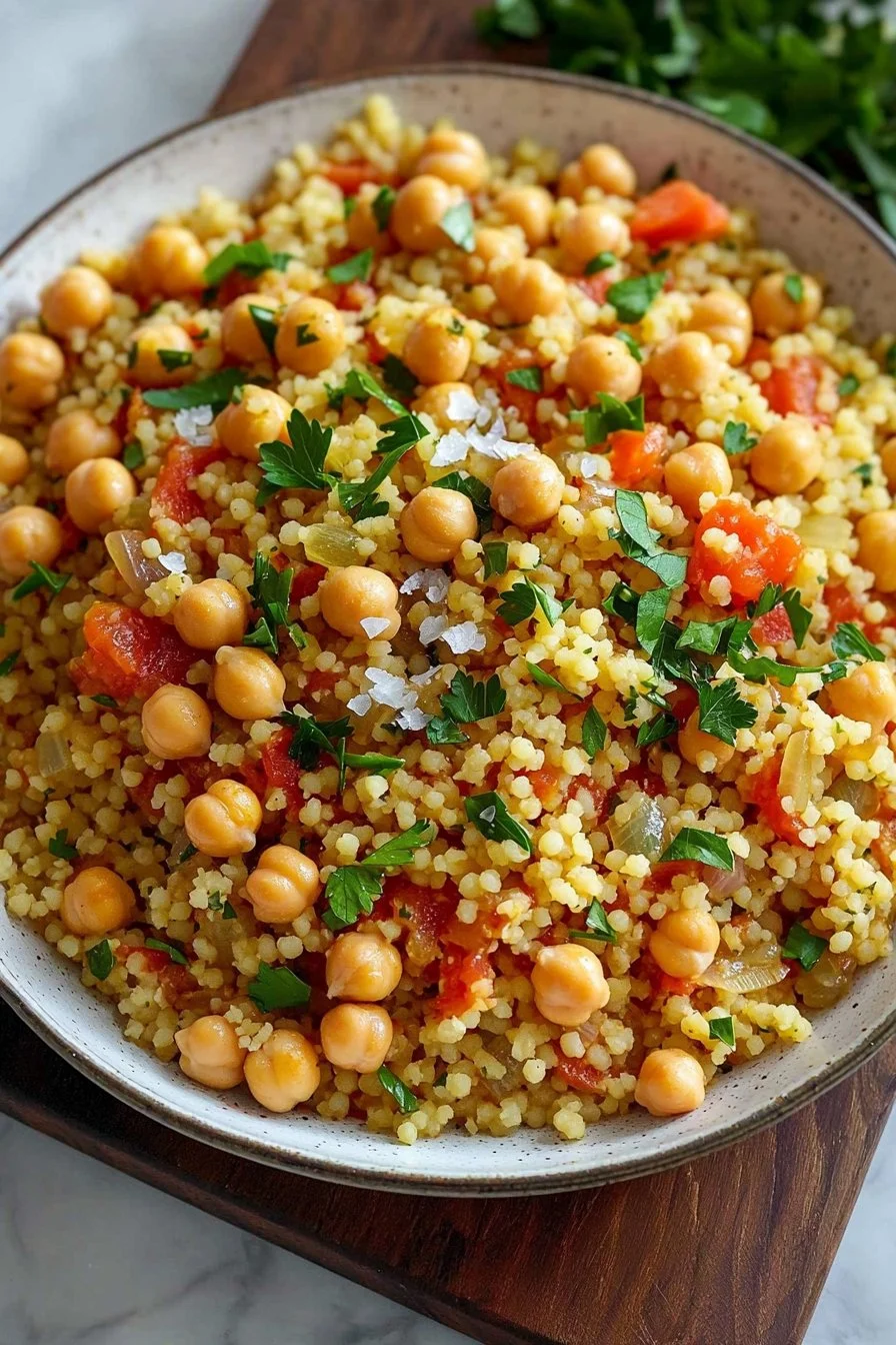 Delicious One-Pot Moroccan Couscous with Chickpeas served in a bowl.