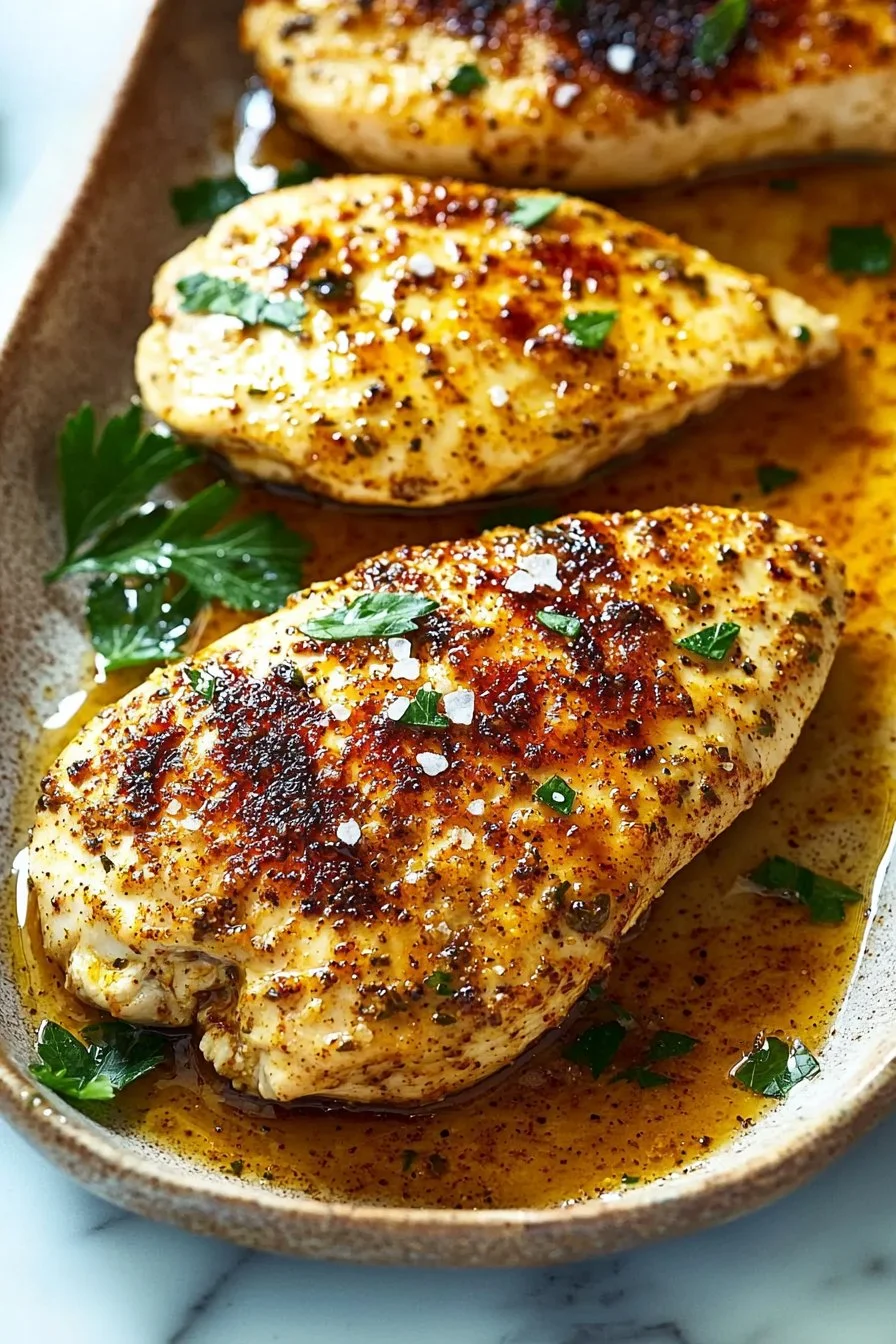 Oven baked chicken breast served with herbs and spices.