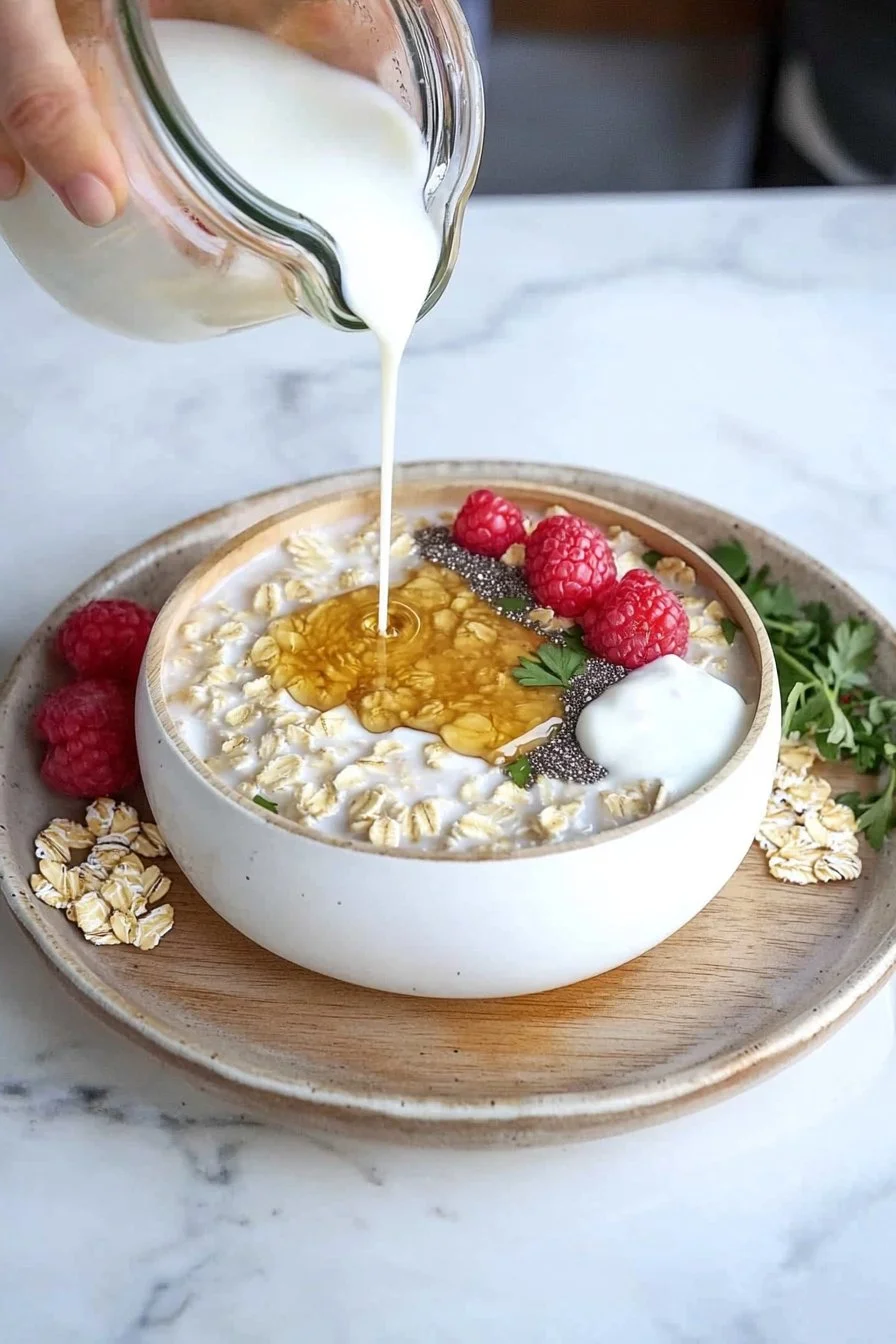 Bowl of healthy overnight oats with fruits and nuts for breakfast