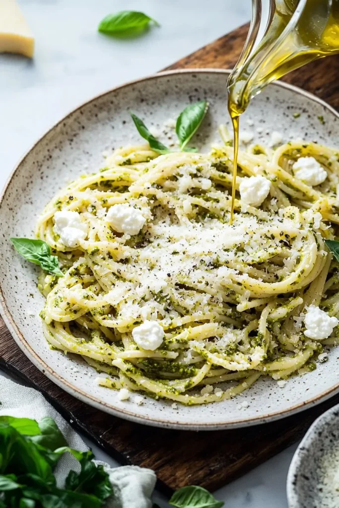 Pesto ricotta pasta in a bowl with fresh basil and pine nuts