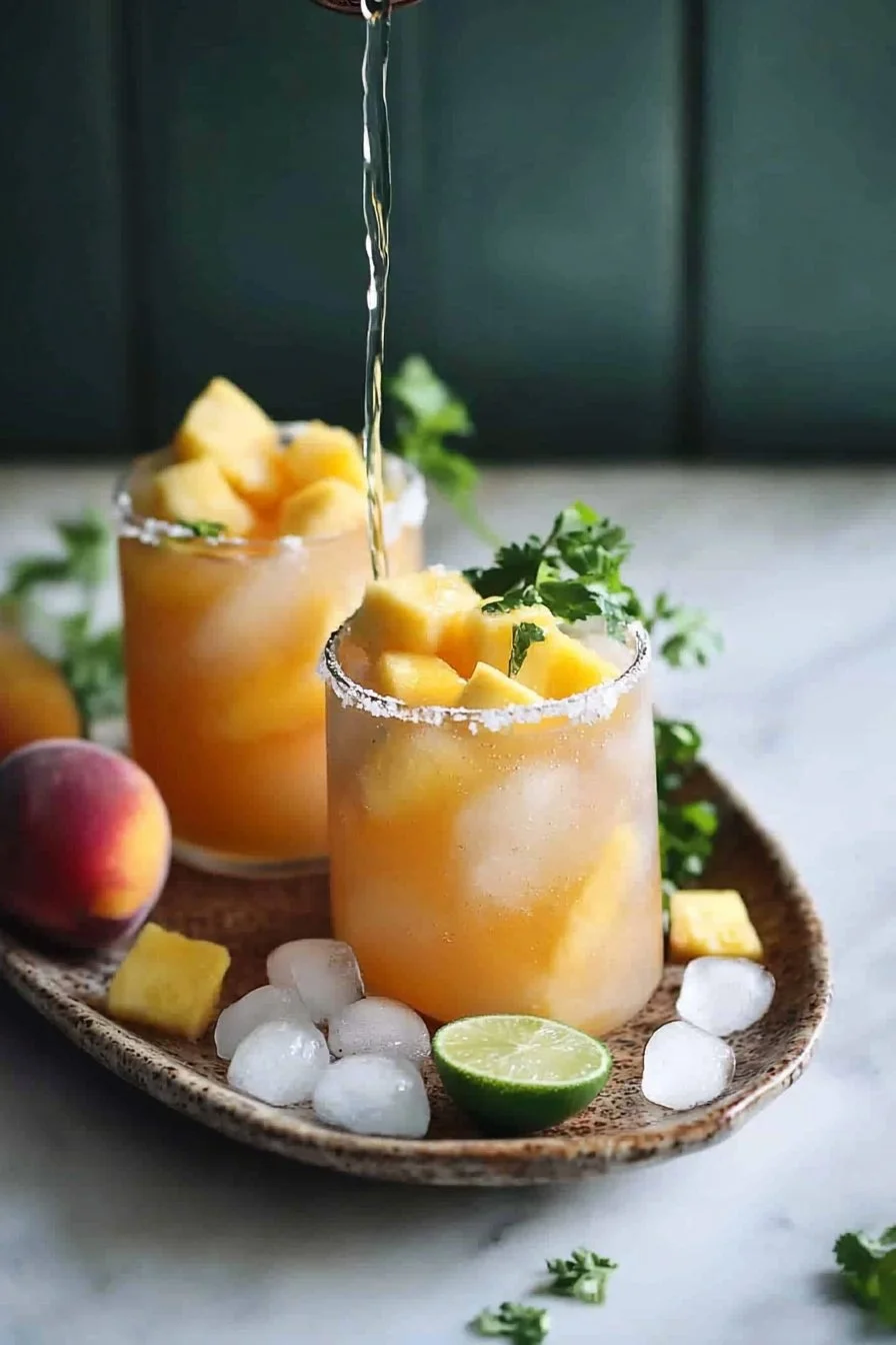 Refreshing Pineapple Peach Water in a glass with slices of pineapple and peach