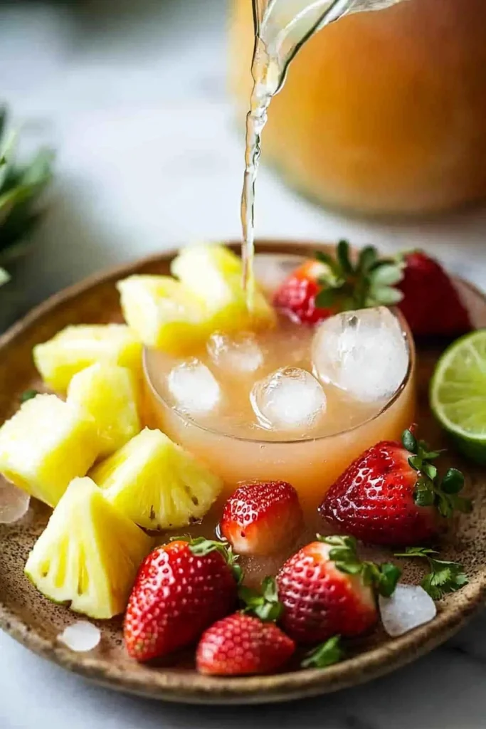 Refreshing Pineapple Strawberry Water in a glass with fresh fruit garnishes