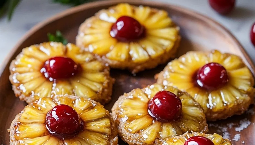 Pineapple Upside-Down Cookies with golden brown tops and a caramelized pineapple slice.