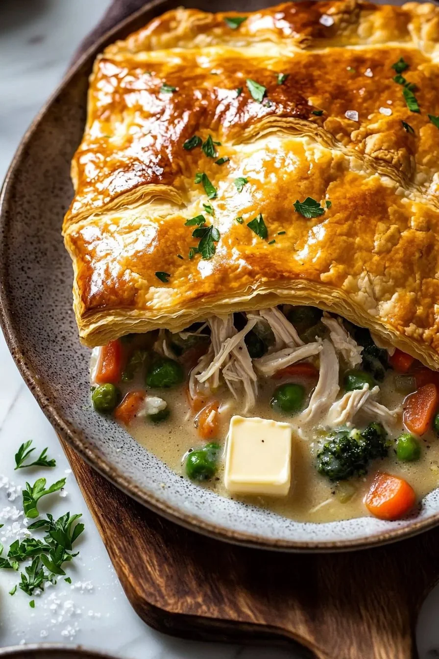 Puff Pastry Chicken Pot Pie topped with golden flaky crust