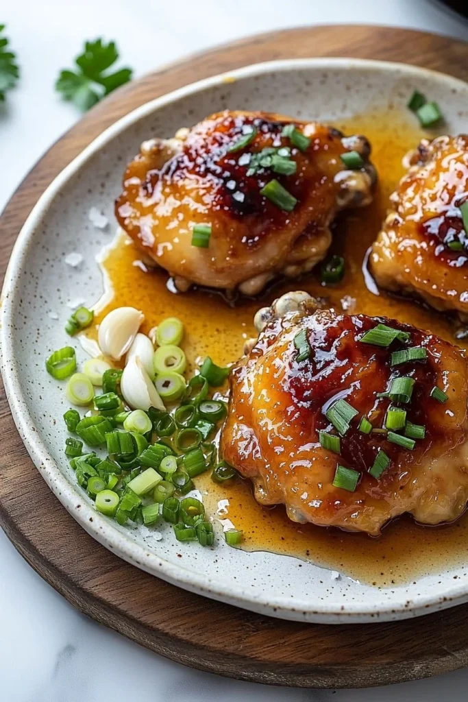 Quick one-pan honey garlic chicken dish garnished with green onions.