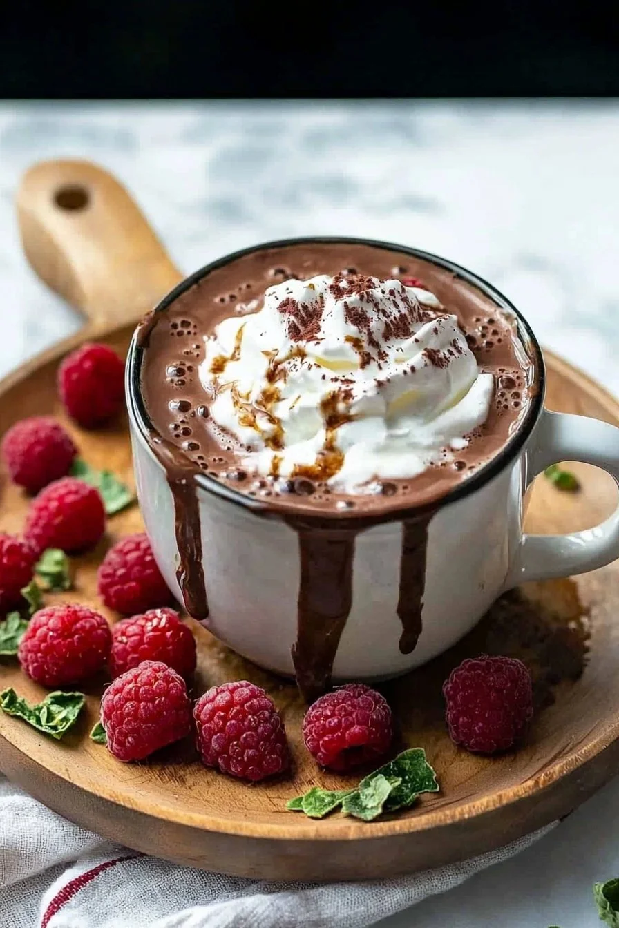 Delicious raspberry hot chocolate topped with whipped cream and fresh raspberries