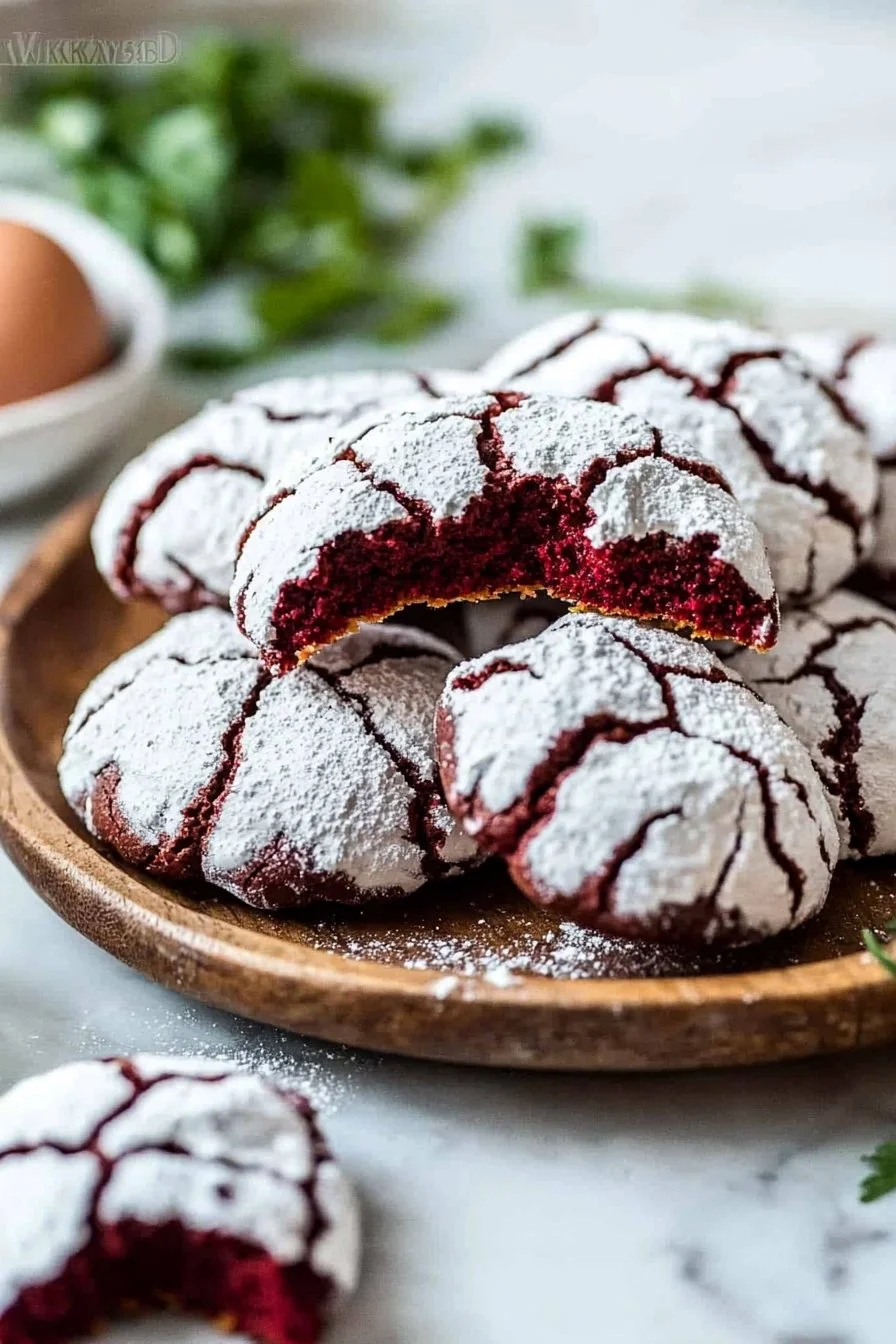 Delicious Red Velvet Crinkle Cookies with a beautiful crinkled top and vibrant color.