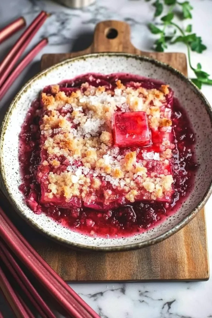 Delicious rhubarb dessert topped with vibrant jello, ready to serve.