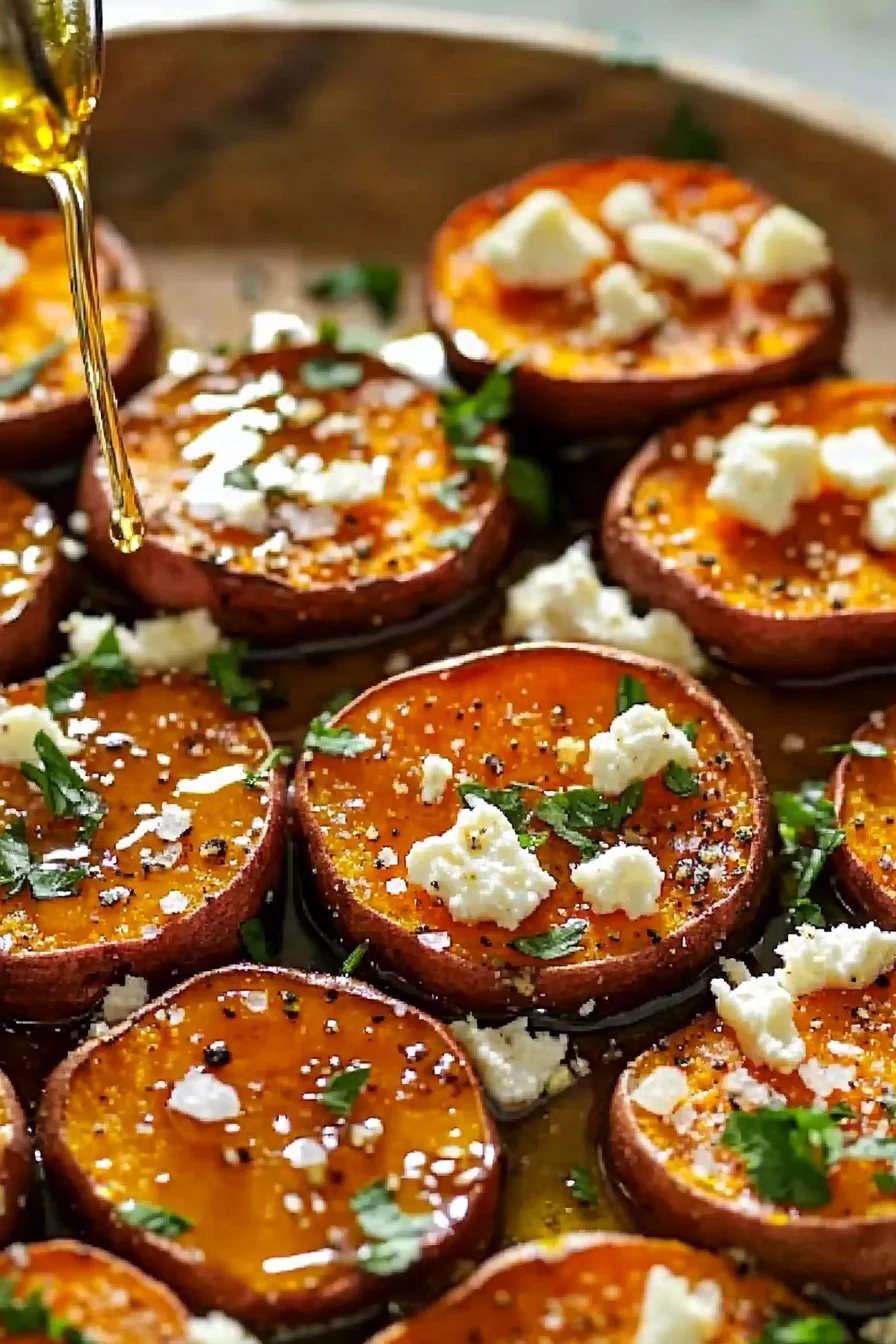 Roasted sweet potato rounds garnished with honey and crumbled feta cheese