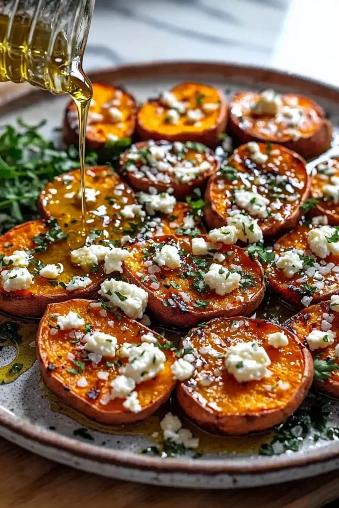 Roasted sweet potato rounds with honey and feta cheese on a serving plate.