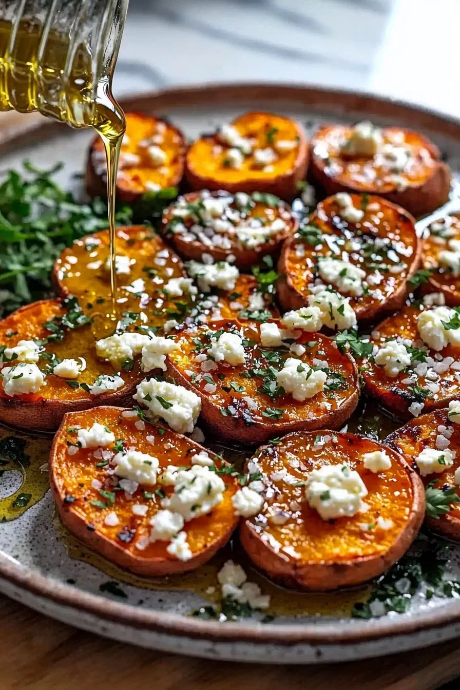 Roasted sweet potato rounds with honey and feta cheese on a serving plate.