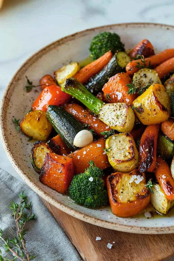 Bowl of roasted vegetables seasoned with garlic and herbs
