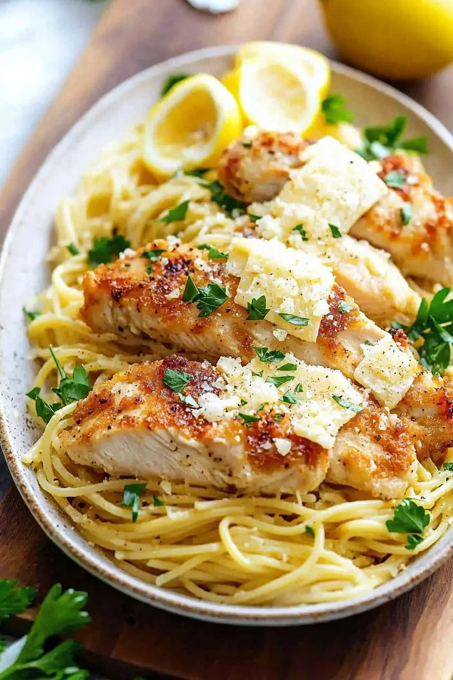 Romano Chicken served with Lemon Garlic Pasta for a delicious dinner