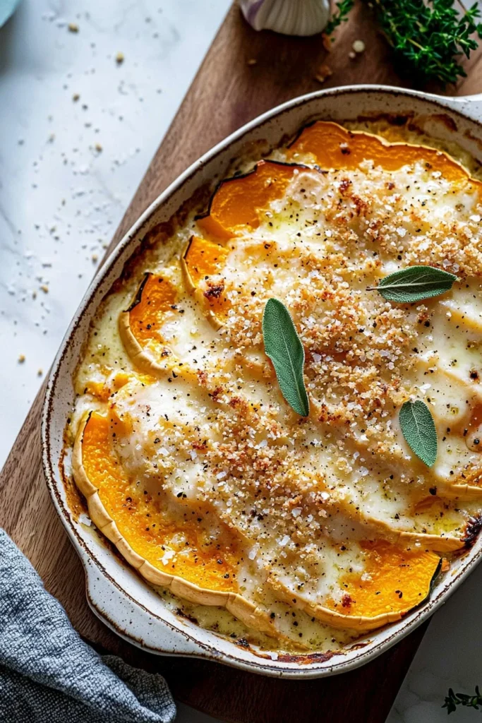 Sage butternut squash gratin served in a rustic dish with herbs on top.