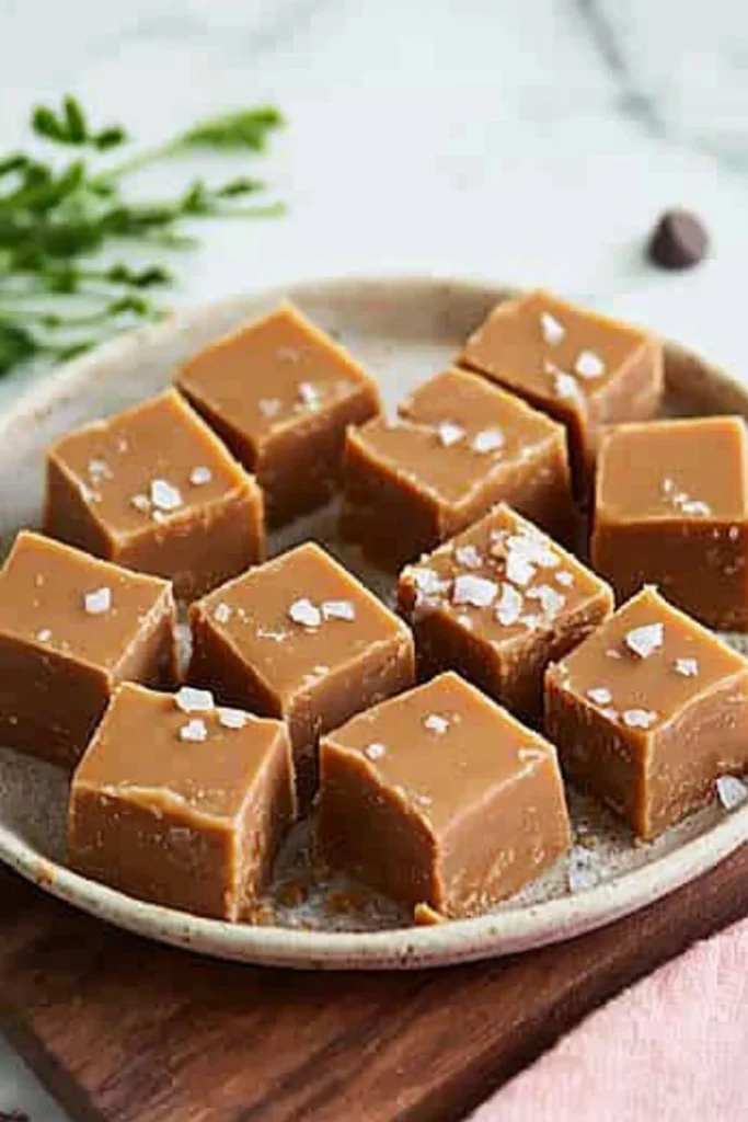 Deliciously rich salted caramel fudge piece on a wooden platter