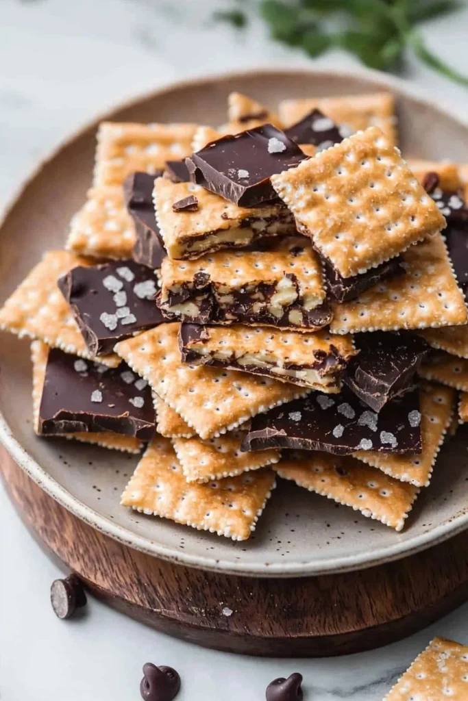 Delicious homemade Saltine Cracker Candy topped with chocolate and pecans.