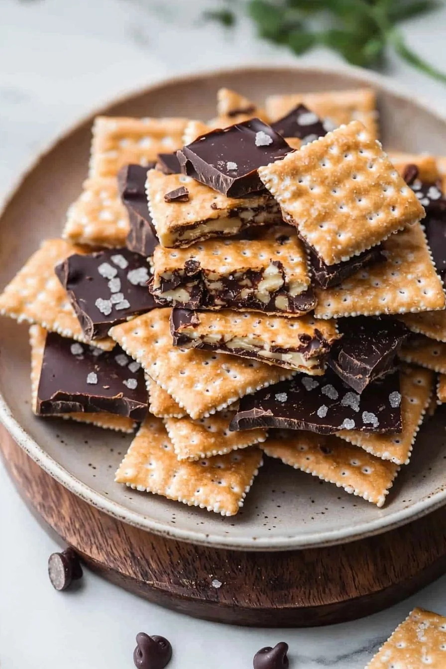 Delicious homemade Saltine Cracker Candy topped with chocolate and pecans.
