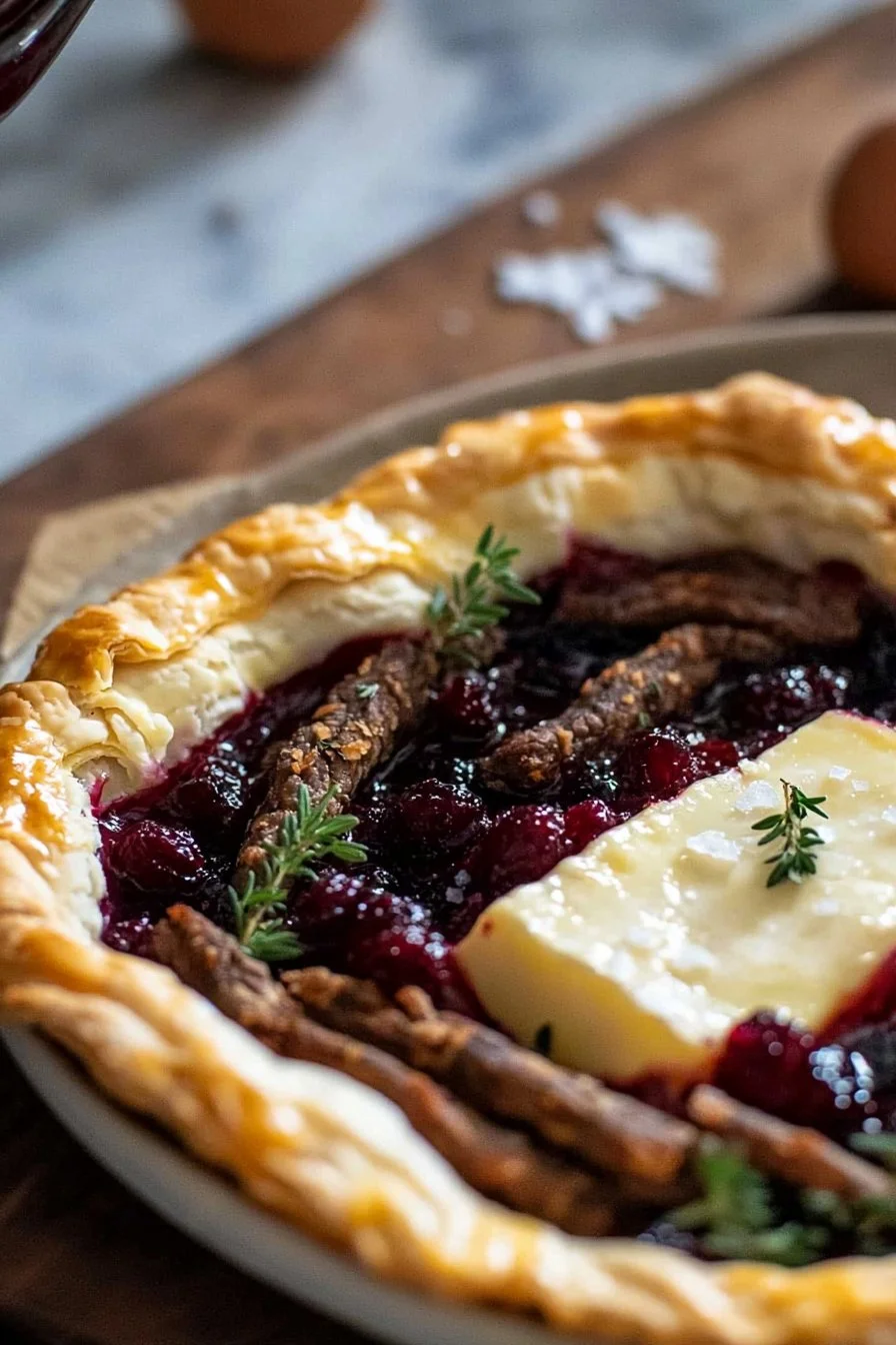 Savory Cranberry Brie Tart with Crispy Beef Strips and Fresh Thyme