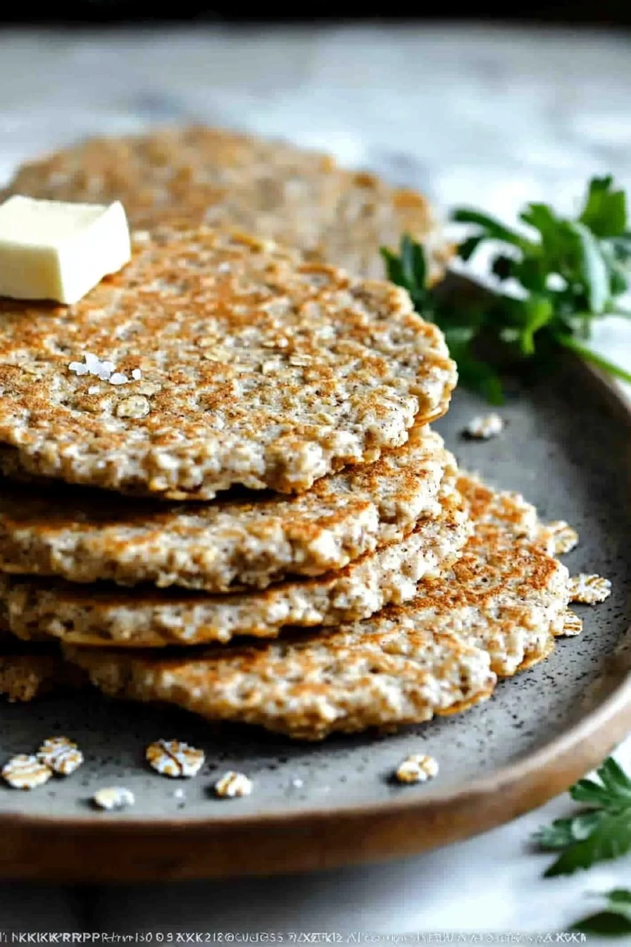 Plate of homemade Scottish oatcakes served with cheese and chutney.