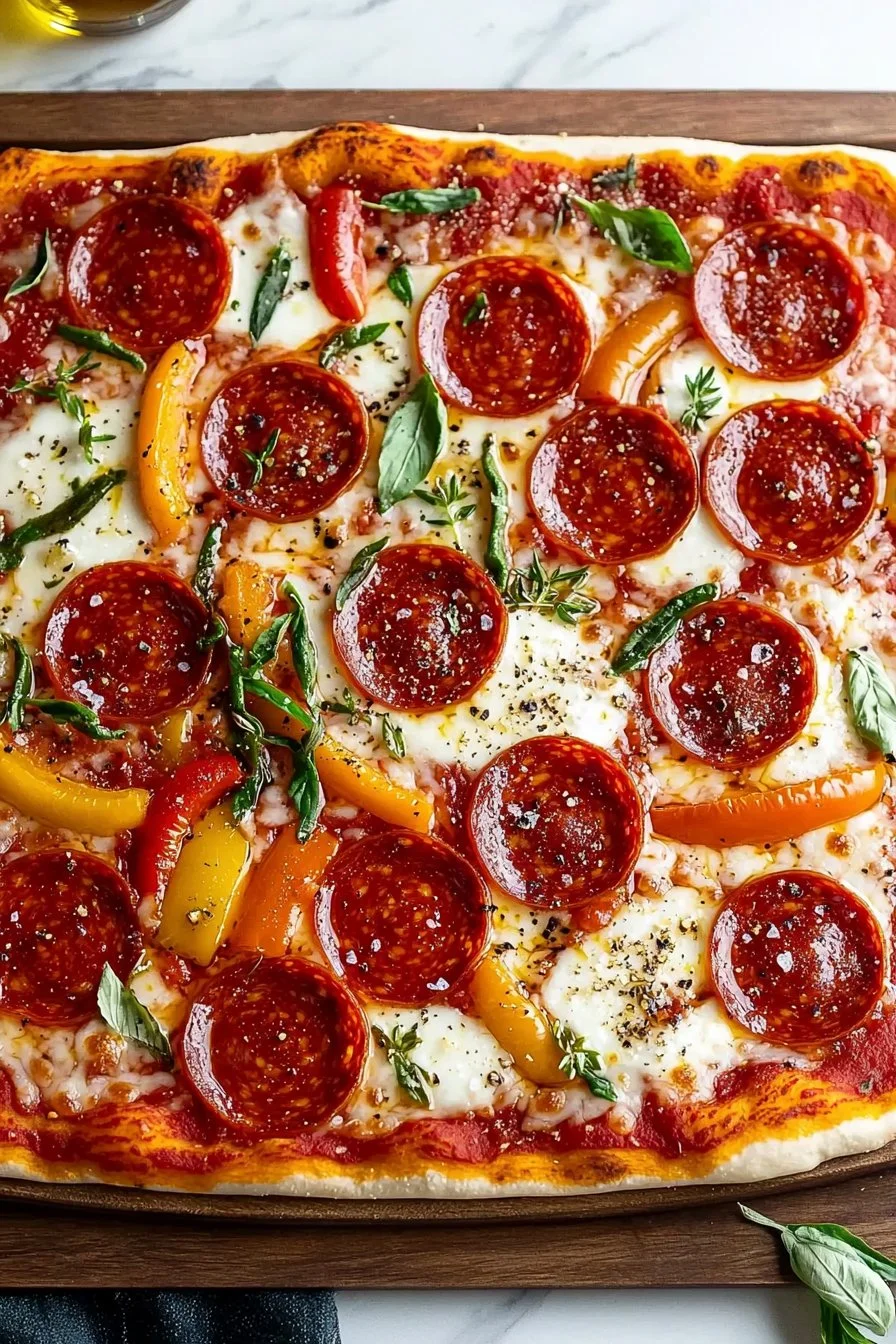 Delicious homemade sheet pan pizza topped with fresh ingredients