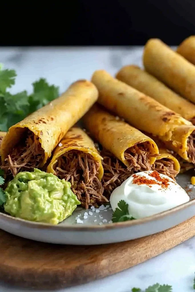 Plate of crispy shredded beef taquitos garnished with salsa and lime