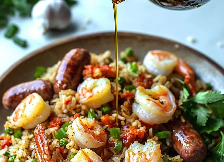 Shrimp Beef Sausage seasoned rice dish served in a bowl