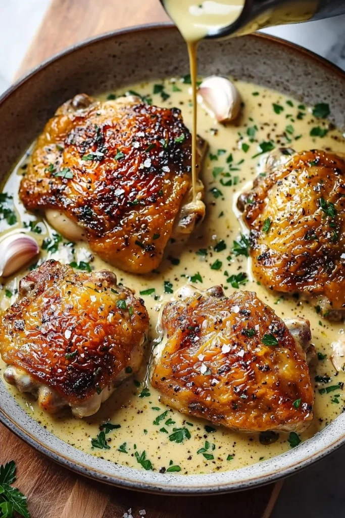 Skillet chicken thighs in creamy garlic sauce served on a plate