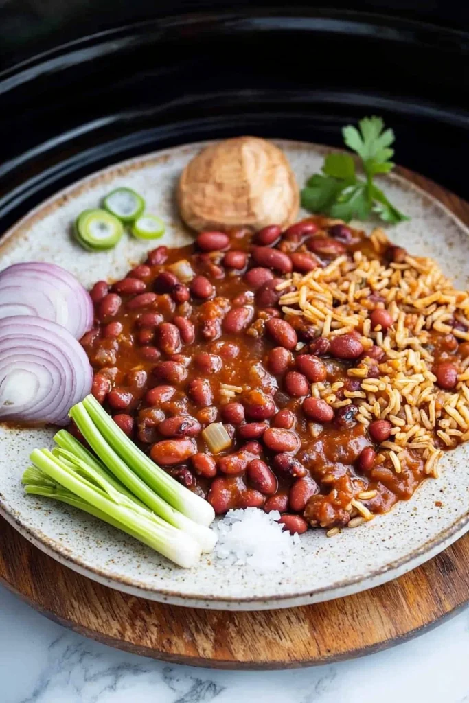 Bowl of Slow Cooker Cajun Red Beans and Rice garnished with herbs