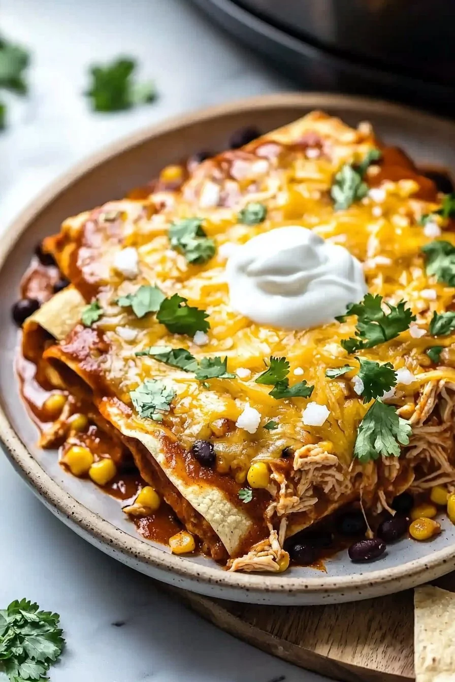 Slow Cooker Chicken Enchilada Casserole topped with cheese and cilantro