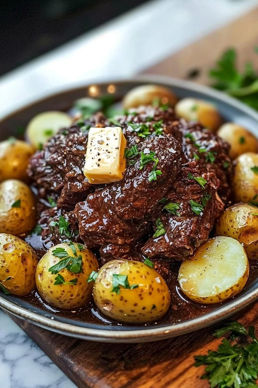 Slow cooker garlic butter beef with potatoes served in a bowl