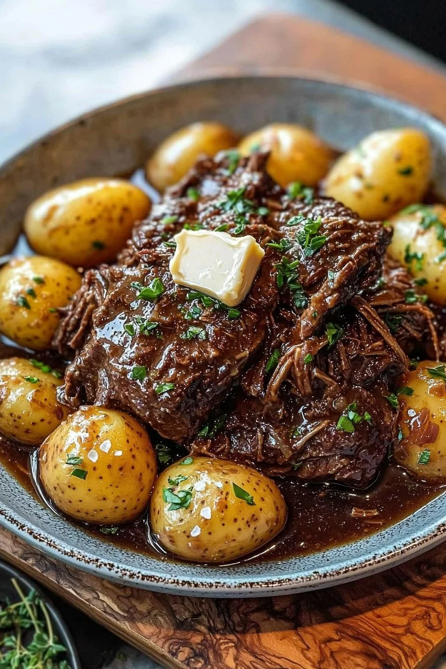 Delicious slow cooker garlic butter beef with tender potatoes
