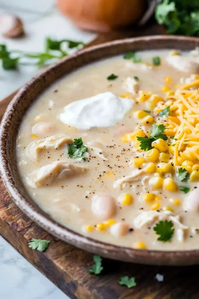 Bowl of Slow Cooker White Chicken Chili garnished with cilantro and lime.