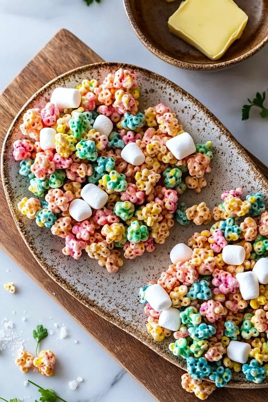 Colorful soft marshmallow cereal treats arranged on a plate.