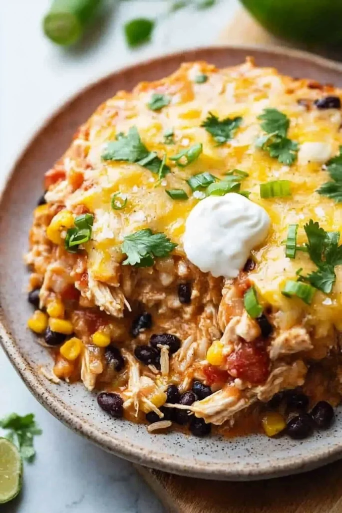 Delicious Southwest chicken casserole topped with cheese and fresh ingredients.