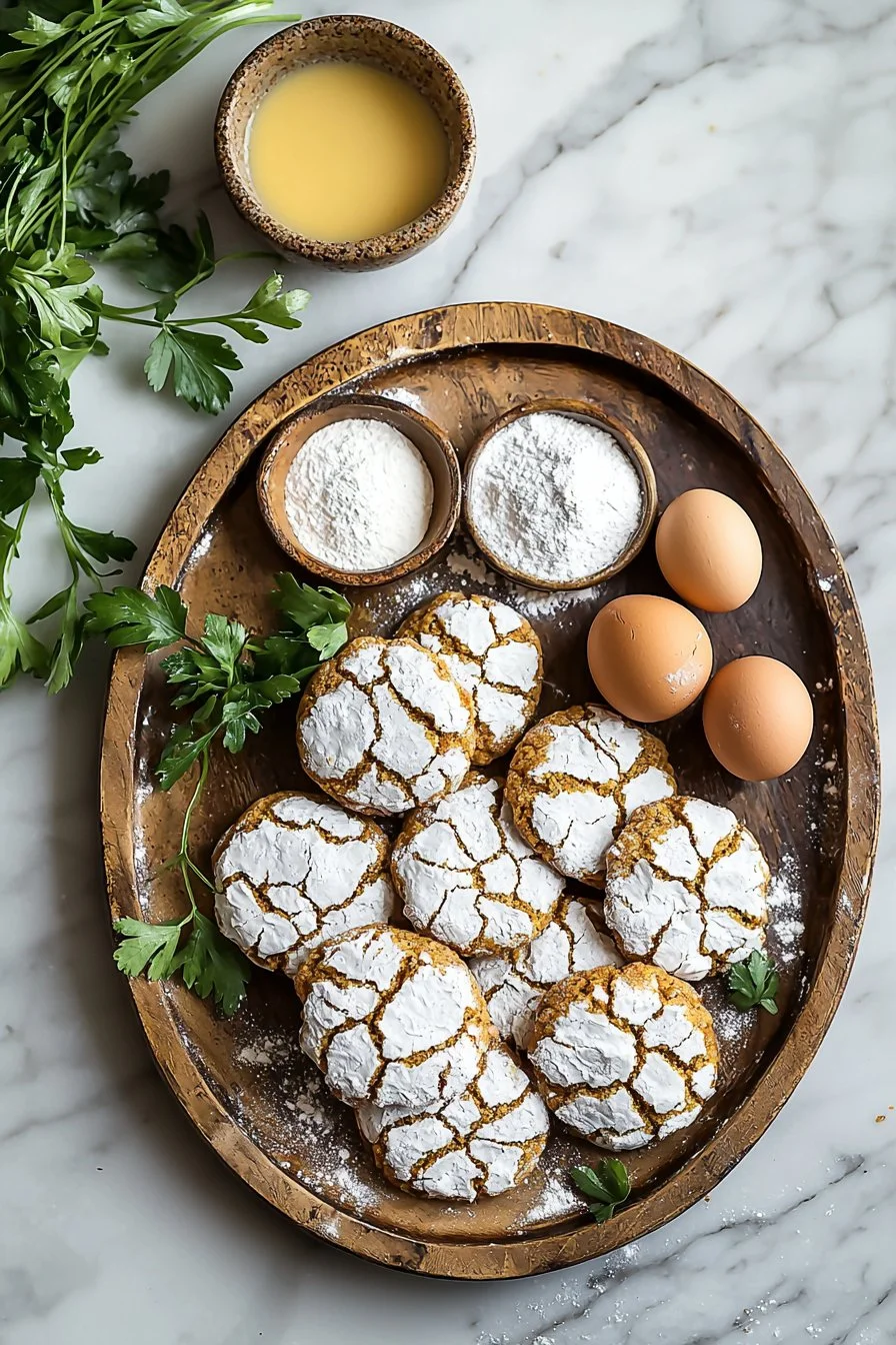 A plate of freshly baked spiced crinkle cookies dusted with powdered sugar.