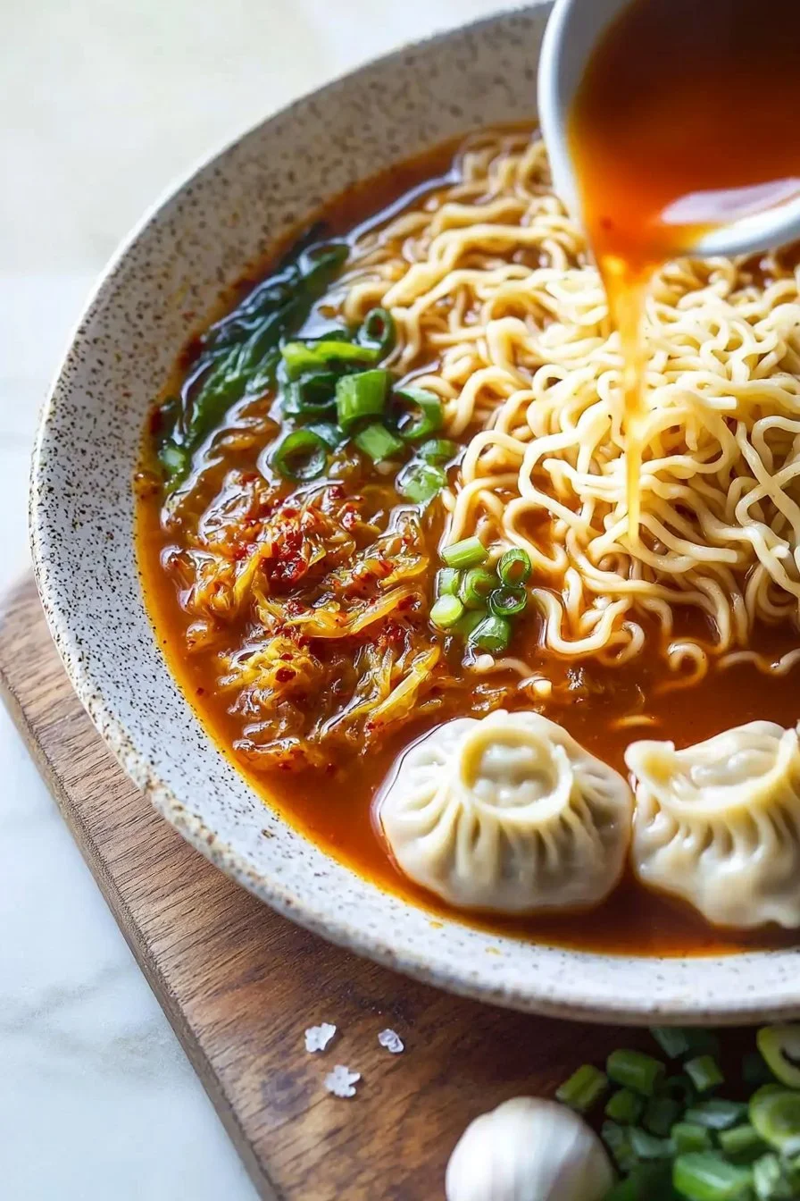 Spicy Fermented Cabbage Noodle Soup with Dumplings