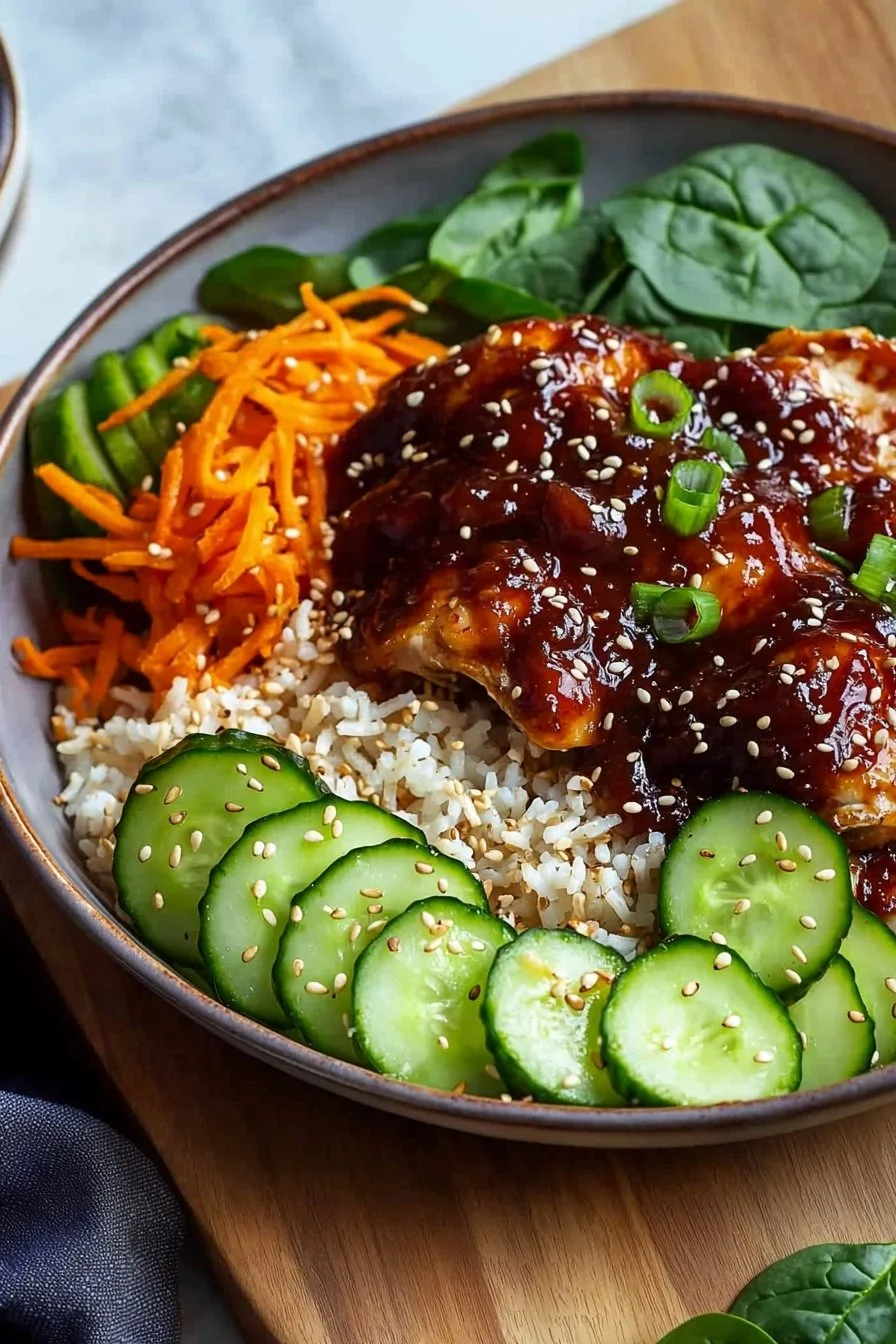 Delicious Spicy Korean BBQ Chicken Rice Bowl with vibrant vegetables.