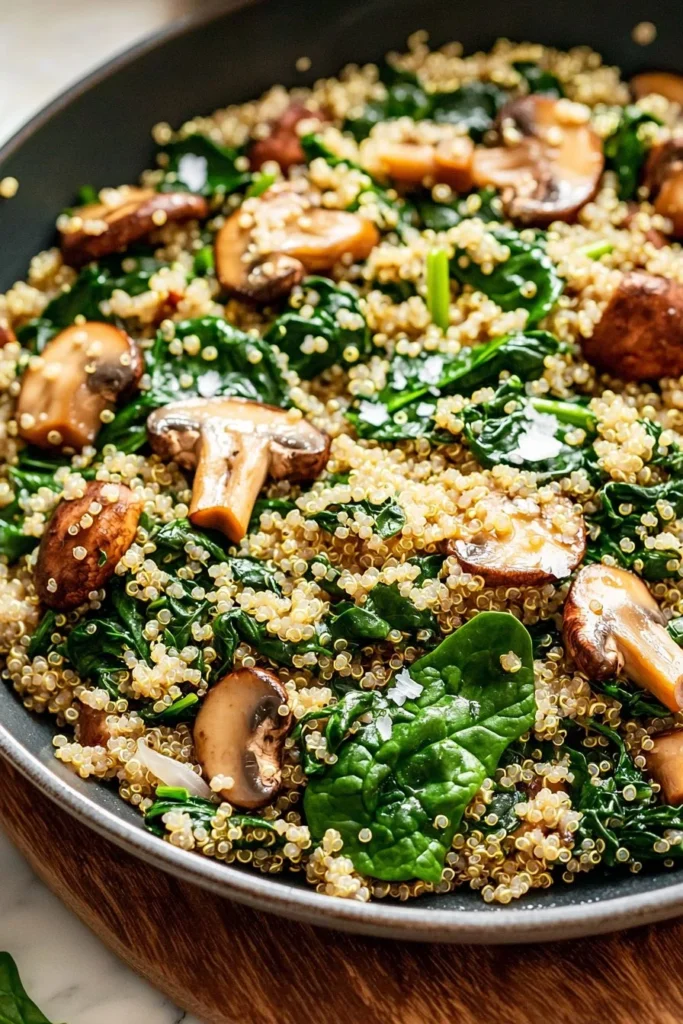 Spinach Mushroom Quinoa Skillet dish featuring fresh vegetables and quinoa