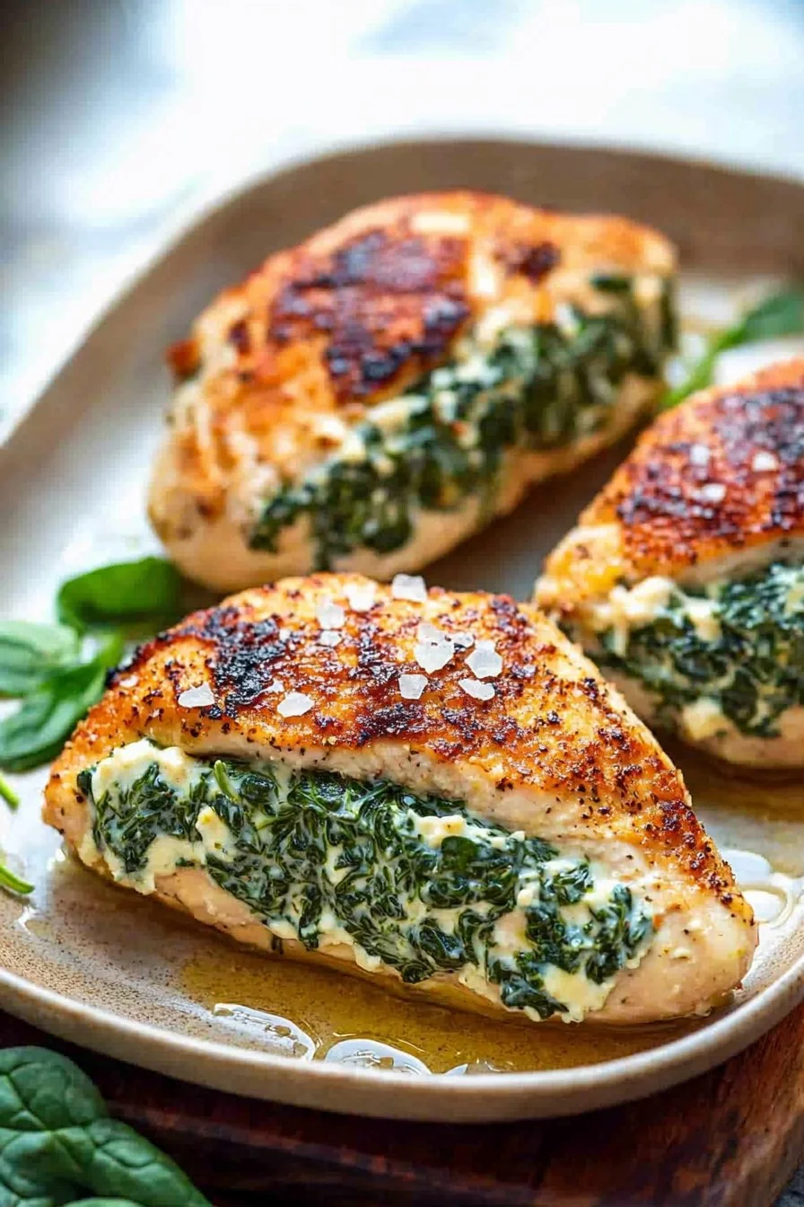 Spinach stuffed chicken breasts cooked with herbs and spices, displayed on a plate.
