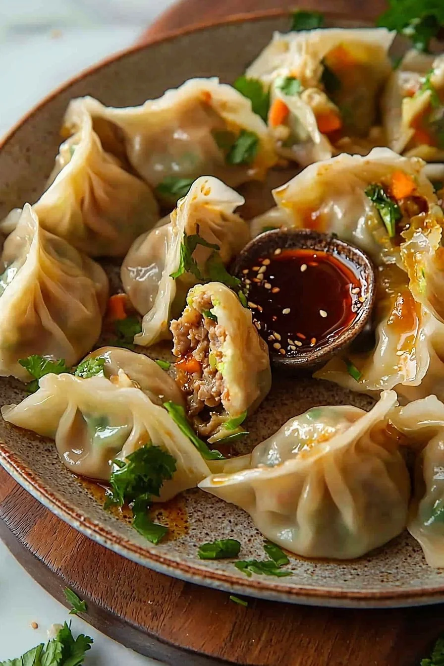 Delicious steamed dumplings served with savory dumpling sauce