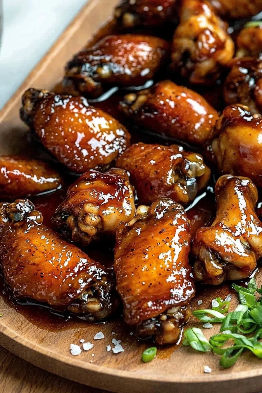 Sticky Maple Apple Chicken Wings garnished with herbs and served on a plate.