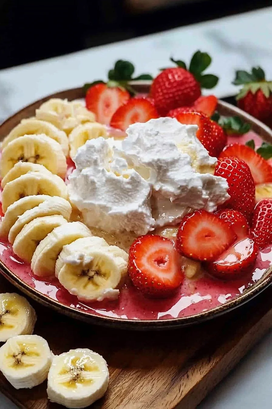 Delicious Strawberry Banana Pudding served in a glass bowl