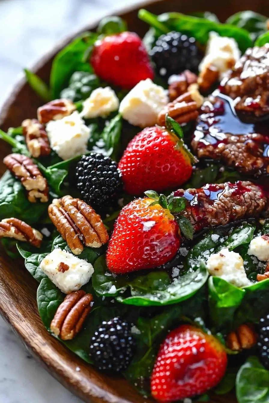 Strawberry Blackberry Spinach Salad with Pecans, Feta, and Beef Strips