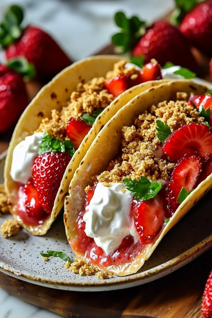 Delicious Strawberry Crunch Cheesecake Tacos served on a plate.