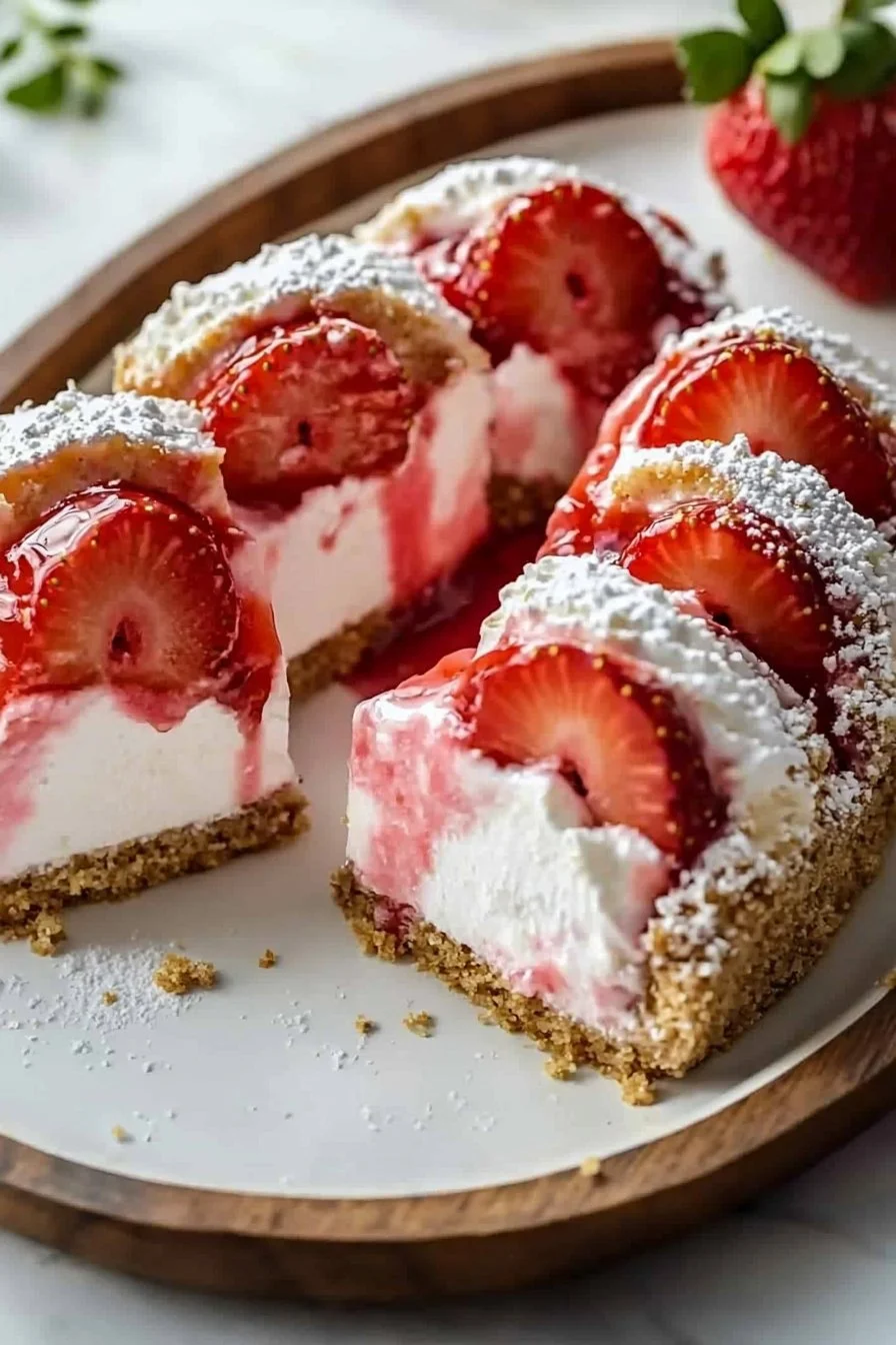 Delicious Strawberry Shortcake Cheesecake Dessert topped with fresh strawberries