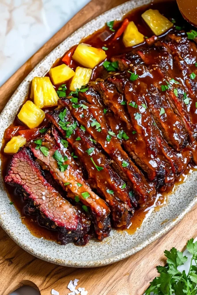 Delicious sweet and sour brisket garnished with herbs on a rustic wooden table.