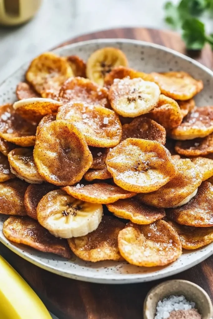 Crispy sweet cinnamon air fryer banana chips on a plate