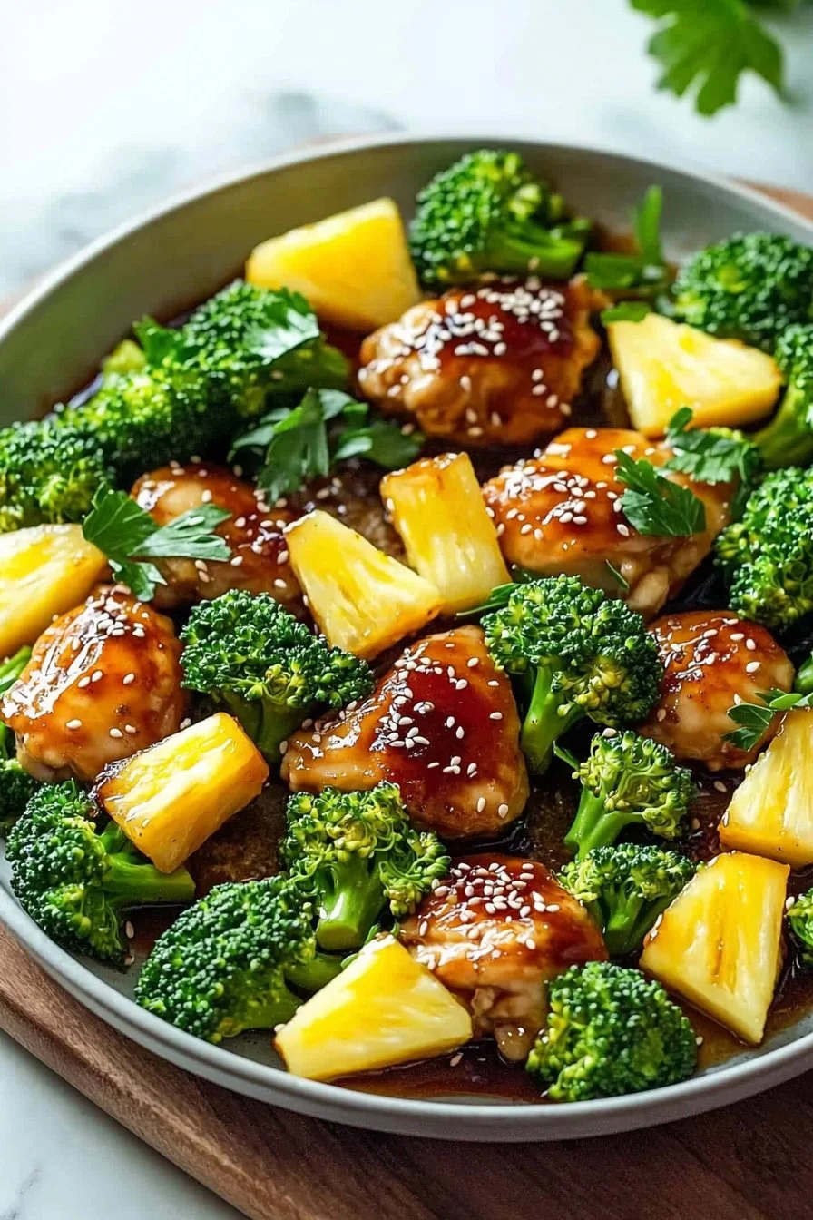 Delicious teriyaki chicken with pineapple and broccoli on a sheet pan