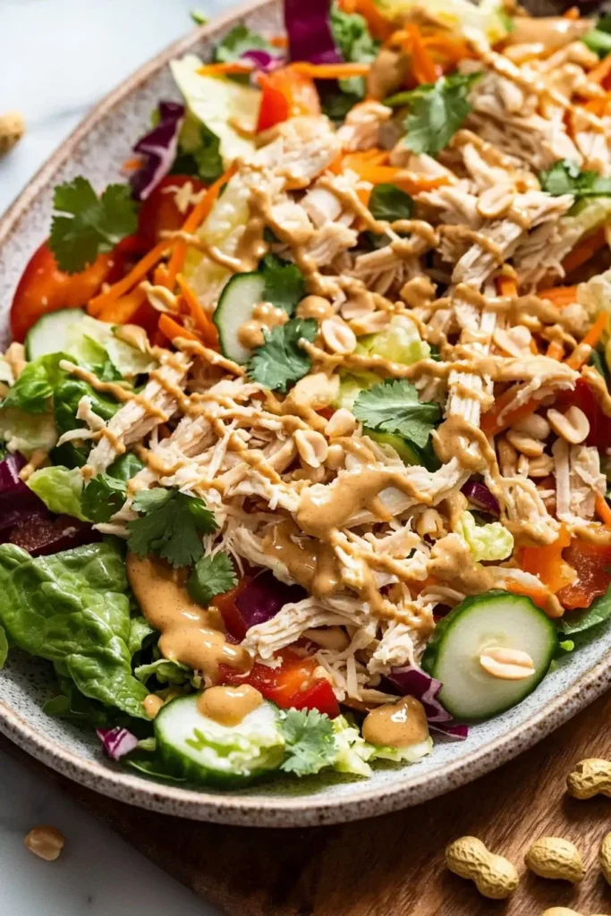 Thai Chicken Salad topped with crunchy vegetables and creamy peanut dressing